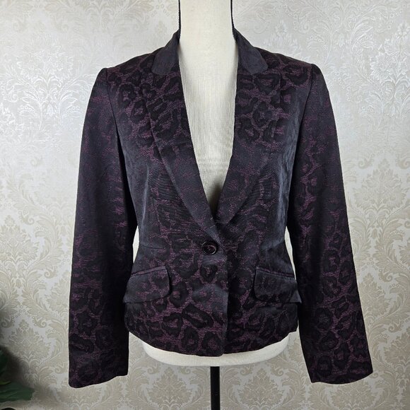 Portfolio Louben Size 8 Black Purple Animal Print Blazer 1 Button Career Office - Picture 1 of 11